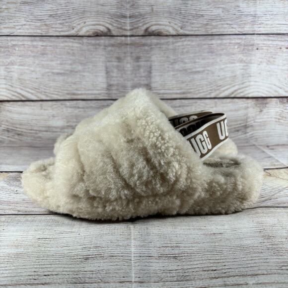 UGG Fluff Yeah Womens Size 6 Slide Sandals Slingback Slippers Cream Sheepskin - Picture 1 of 10